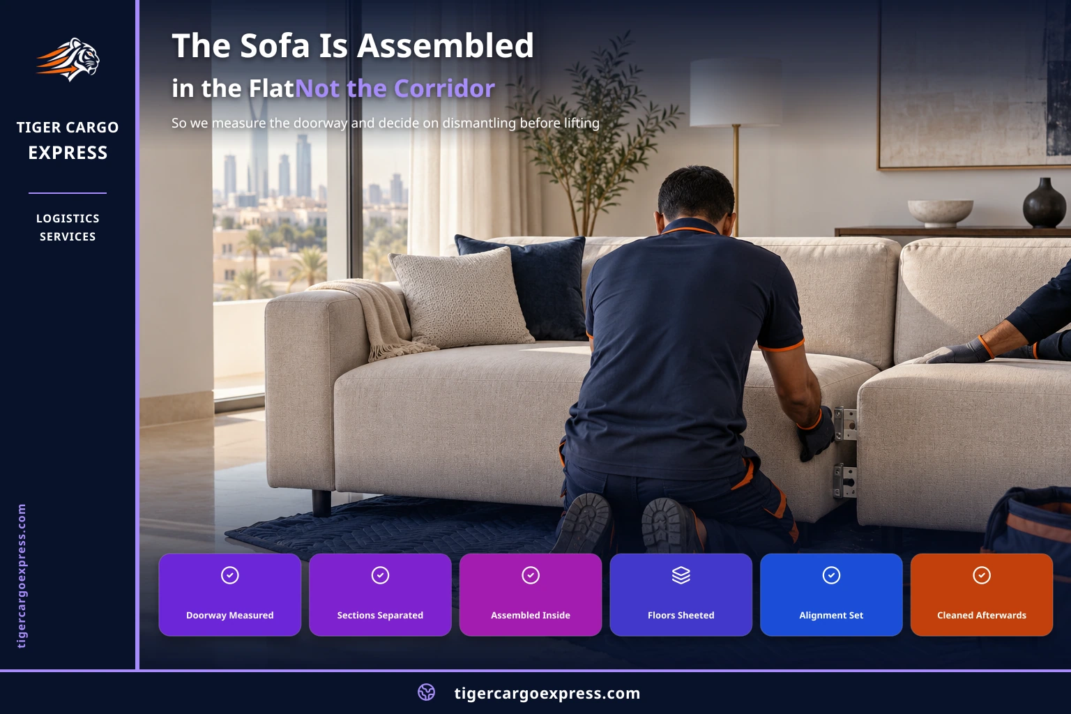 The sofa is assembled in the flat, not the corridor