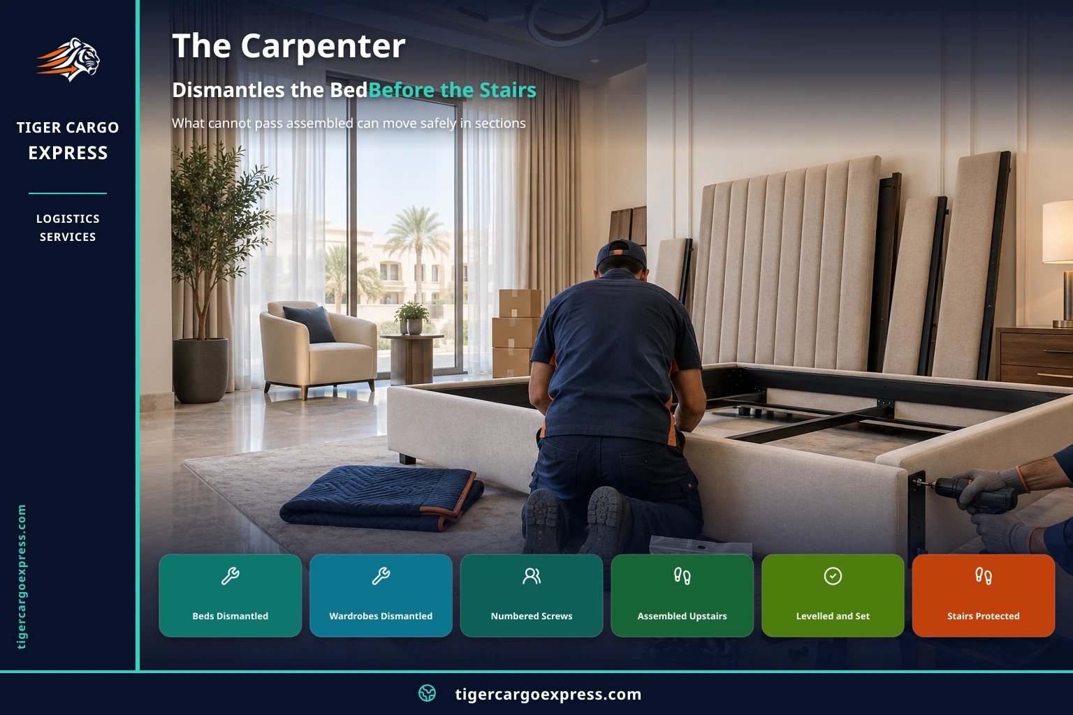 The carpenter dismantles the bed before the stairs