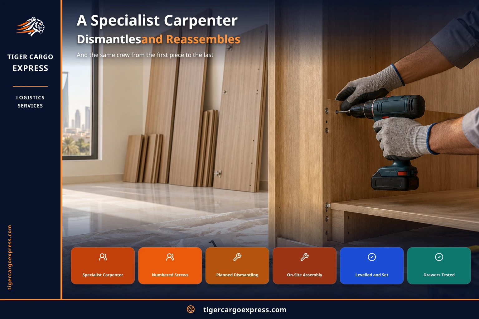 A carpenter dismantles and reassembles