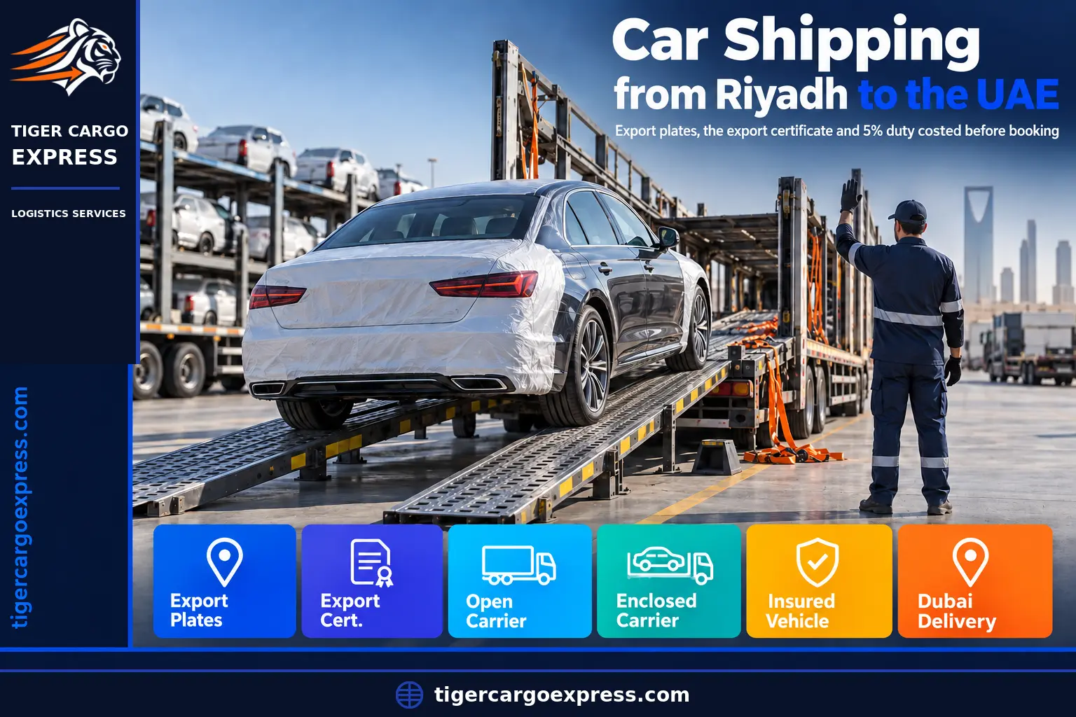 Car shipping from Riyadh to the UAE — loading the vehicle onto the carrier
