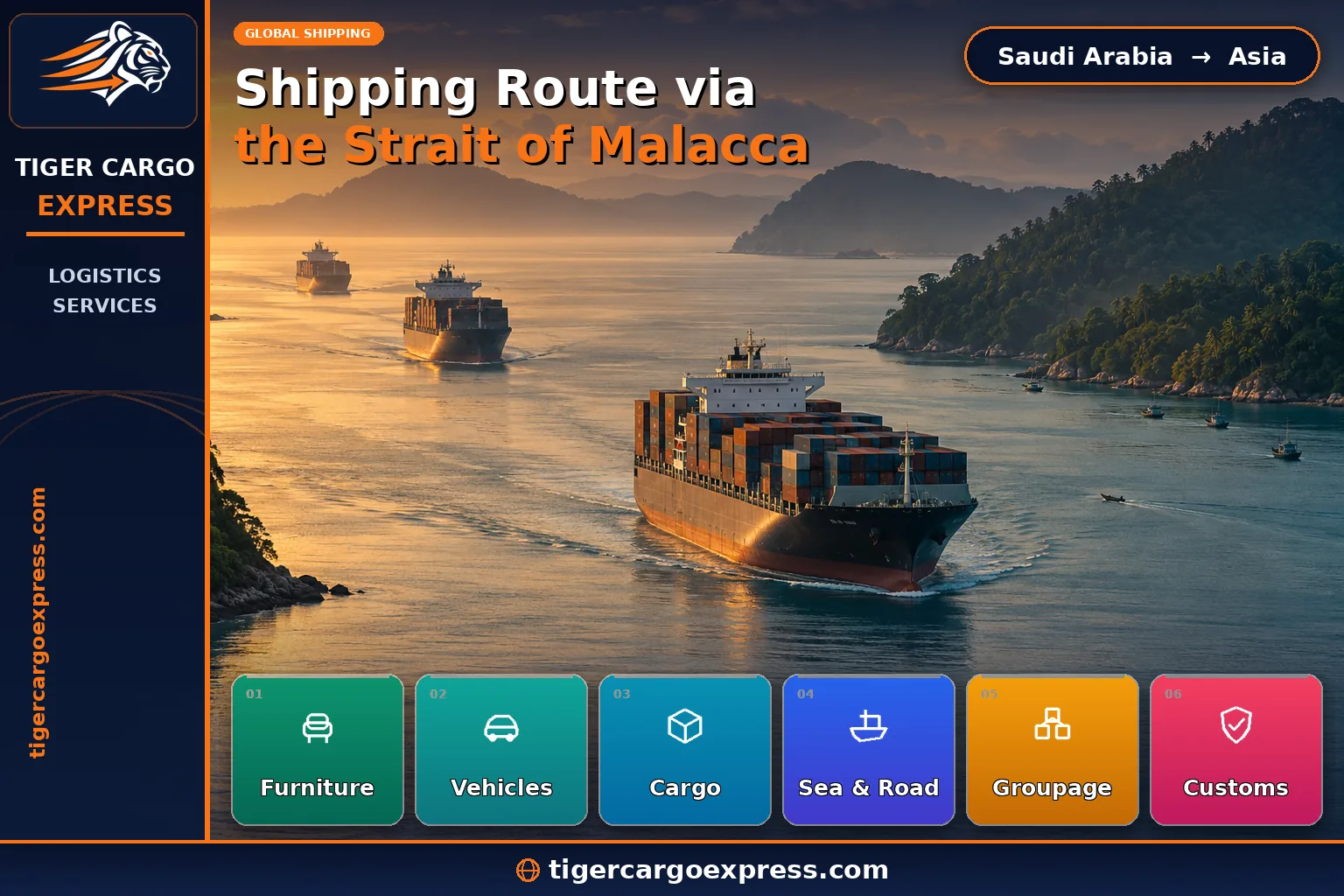 A container ship transiting the Strait of Malacca on its way to East Asia