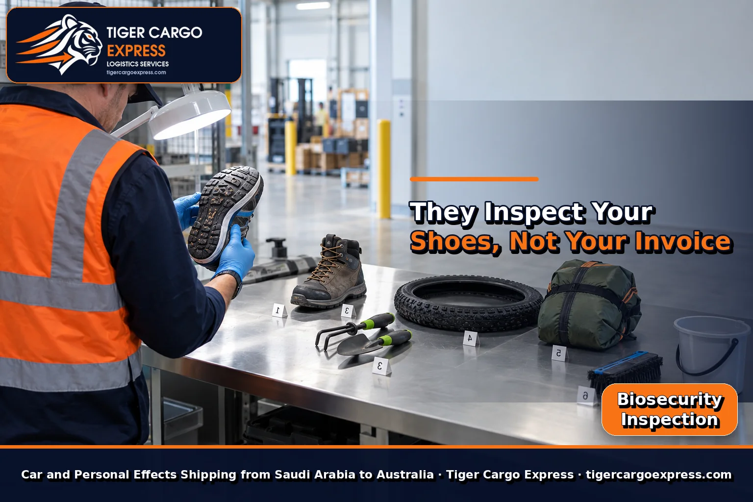 Biosecurity inspection of risk items in Australia with shoes and garden tools being cleaned