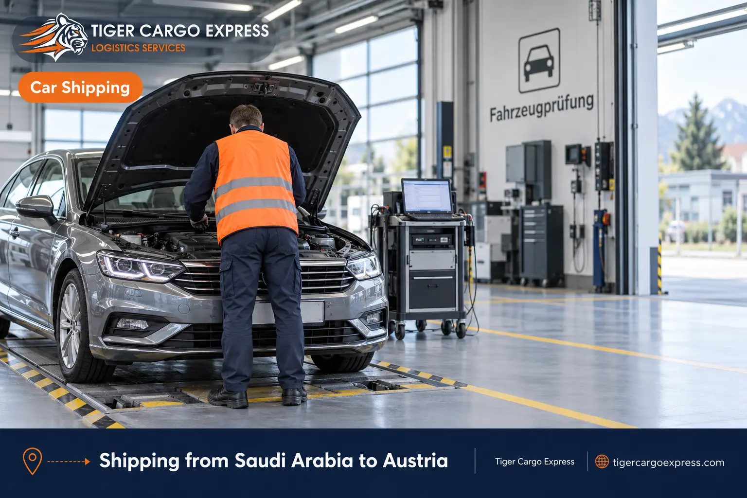Car shipping from Saudi Arabia to Austria with a vehicle in an inspection and approval bay