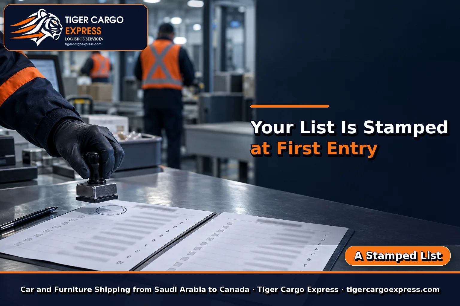 A goods-to-follow list being stamped at a first point of entry into Canada