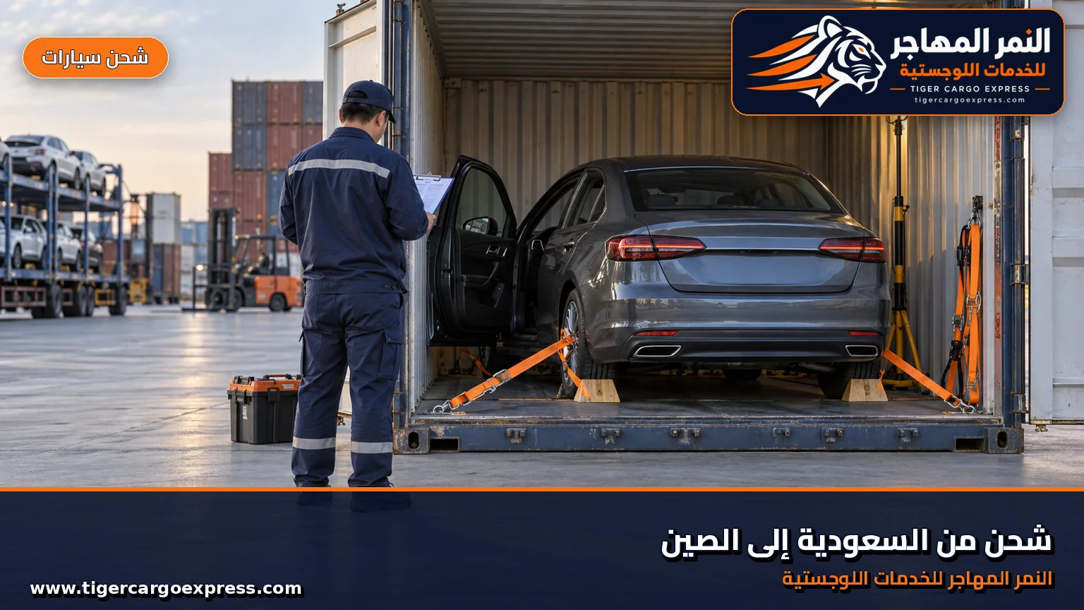 شحن السيارات من السعودية إلى الصين وتثبيت مركبة داخل حاوية في ساحة
