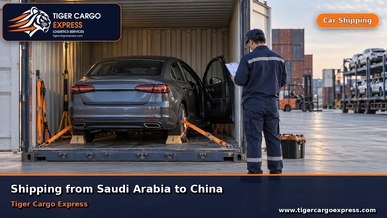 Car shipping from Saudi Arabia to China with a vehicle secured inside a container in a yard