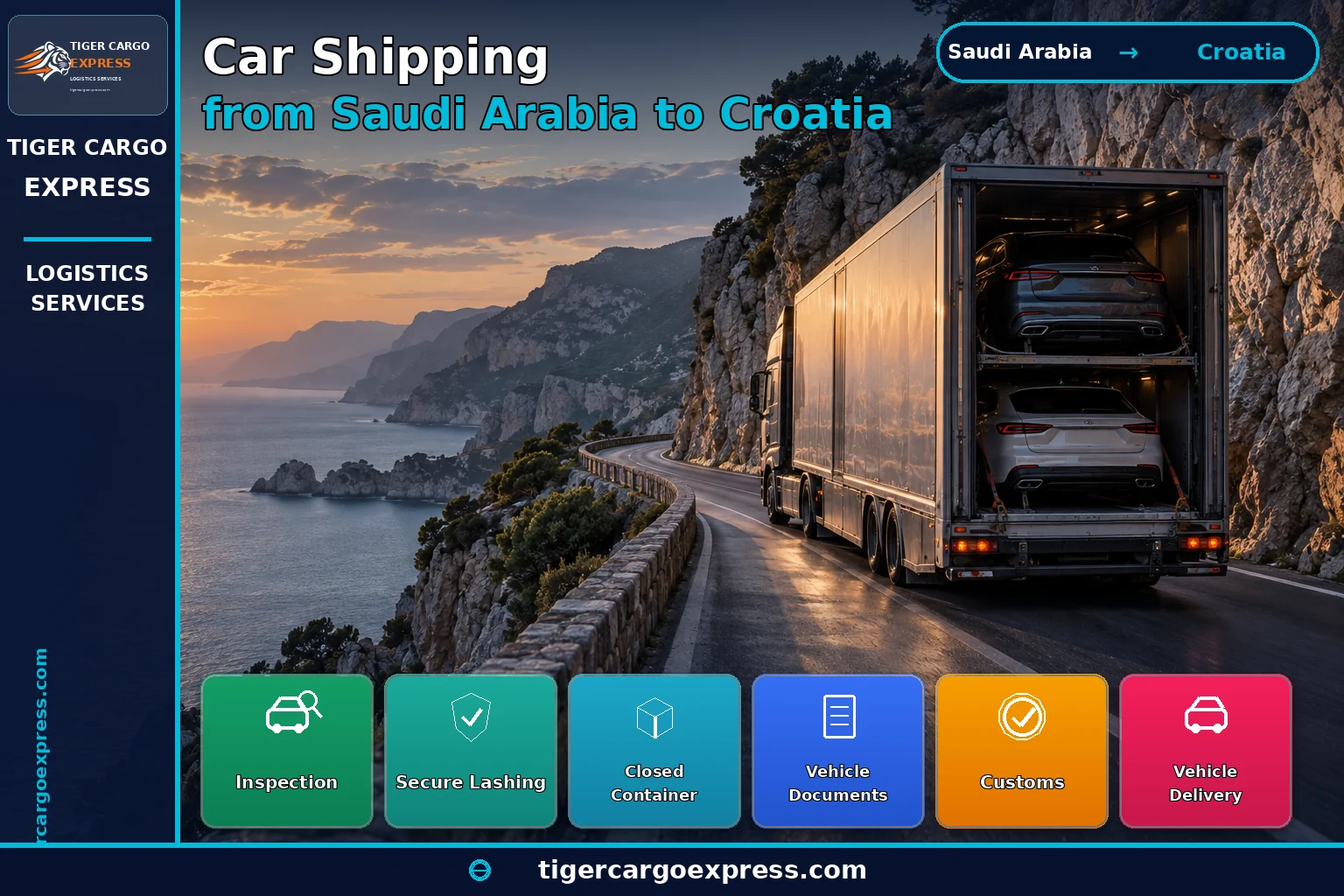A single container ship inside a narrow Adriatic bay between limestone slopes