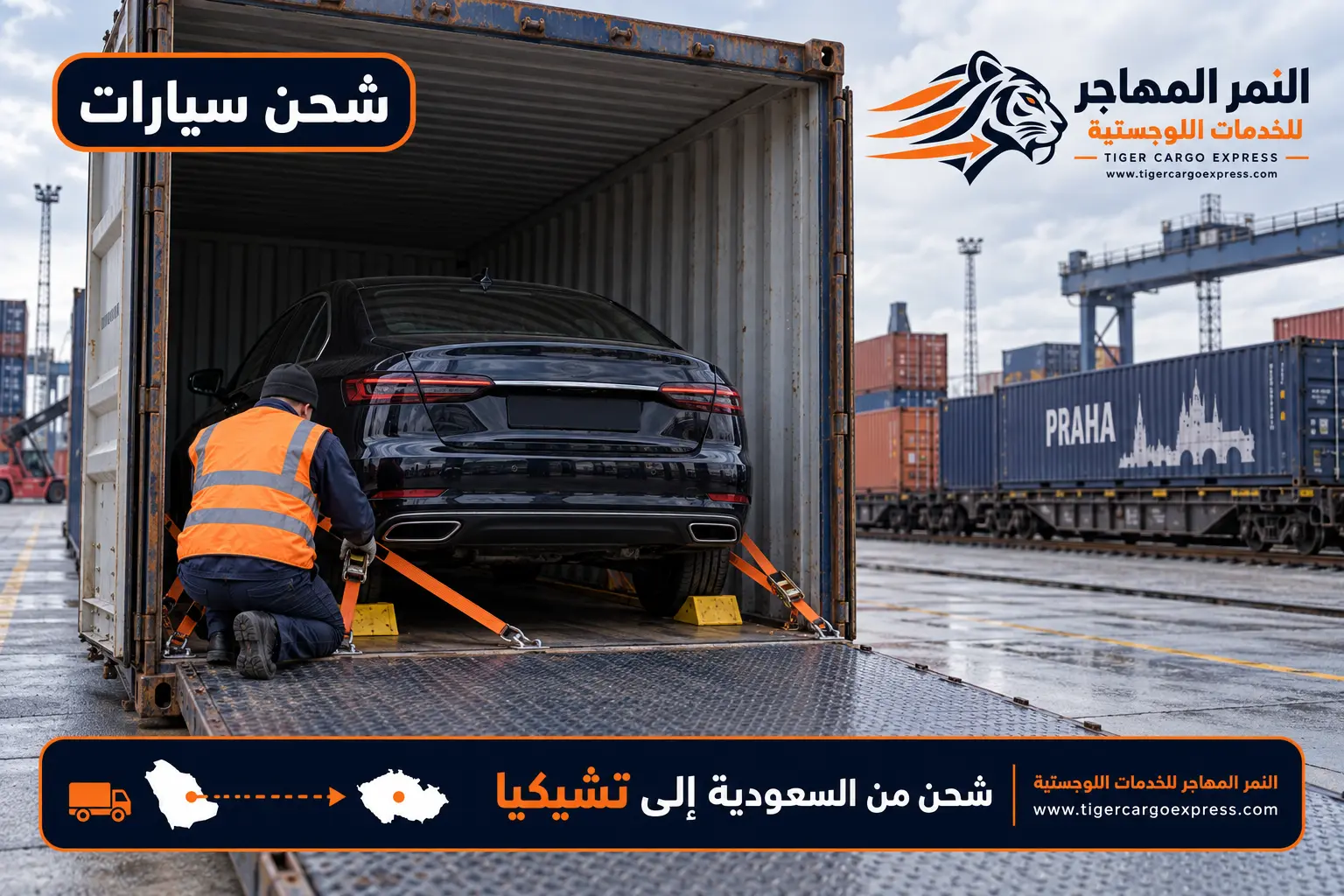 شحن السيارات من السعودية إلى التشيك داخل حاوية مغلقة في محطة داخلية