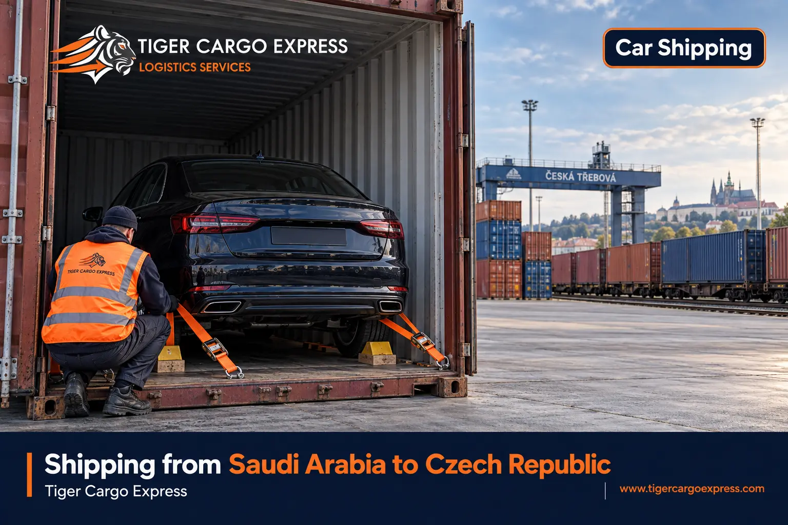 Car shipping from Saudi Arabia to Czechia inside a closed container at an inland terminal