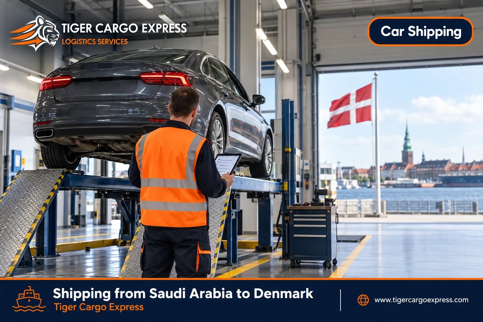 Car shipping from Saudi Arabia to Denmark inside a closed container to the port of Aarhus