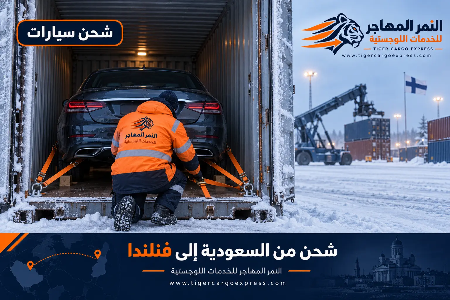 شحن السيارات من السعودية إلى فنلندا داخل حاوية مغلقة في ساحة شتوية