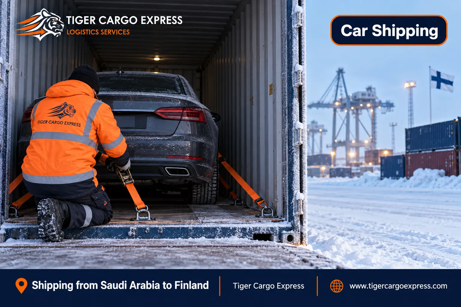 Car shipping from Saudi Arabia to Finland inside a closed container in a winter terminal yard