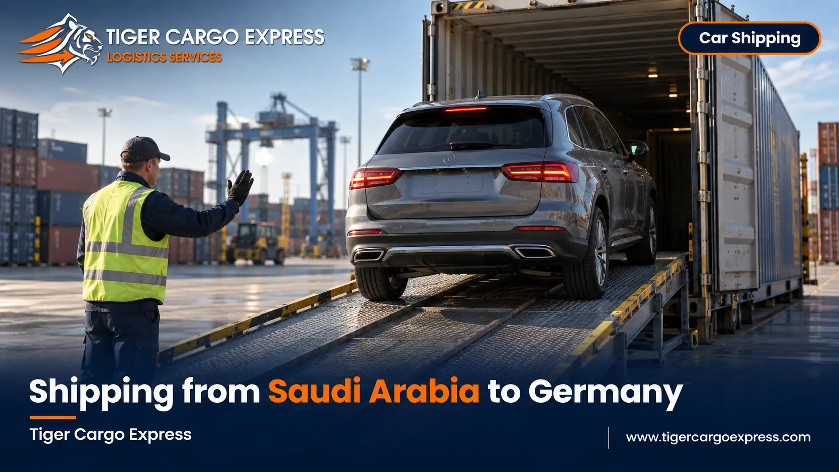Car shipping from Saudi Arabia to Germany inside a closed container with full lashing