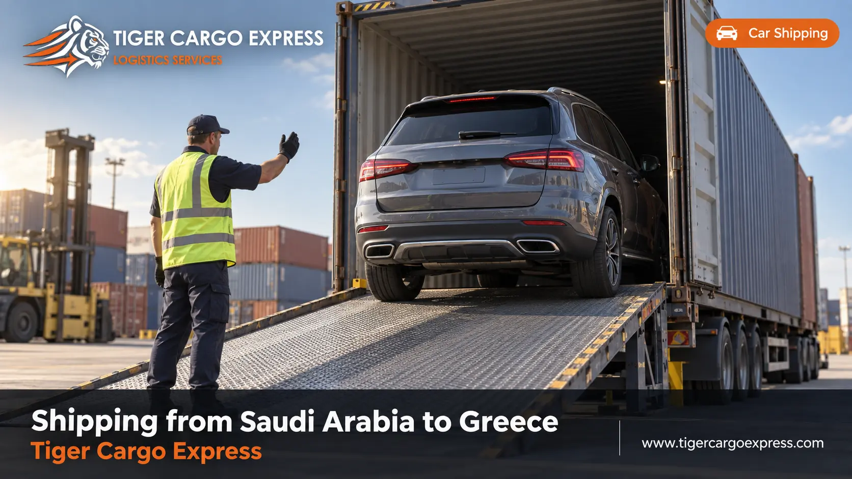 Car shipping from Saudi Arabia to Greece inside a closed container with full lashing