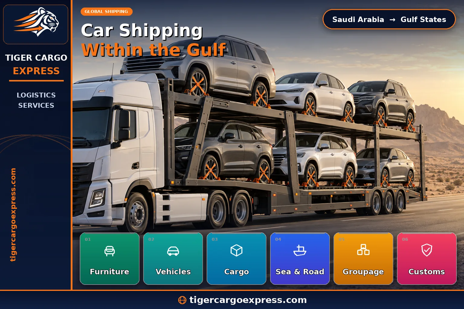 Transporting cars overland from Saudi Arabia to the Gulf states on an open carrier