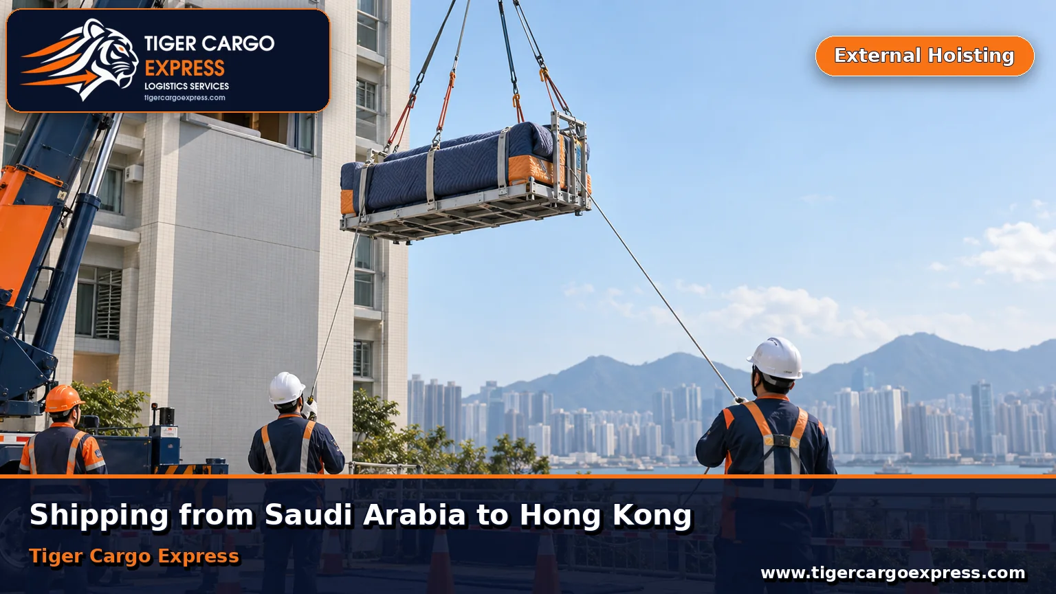 A sofa hoisted externally on secured ropes to a flat in a Hong Kong building