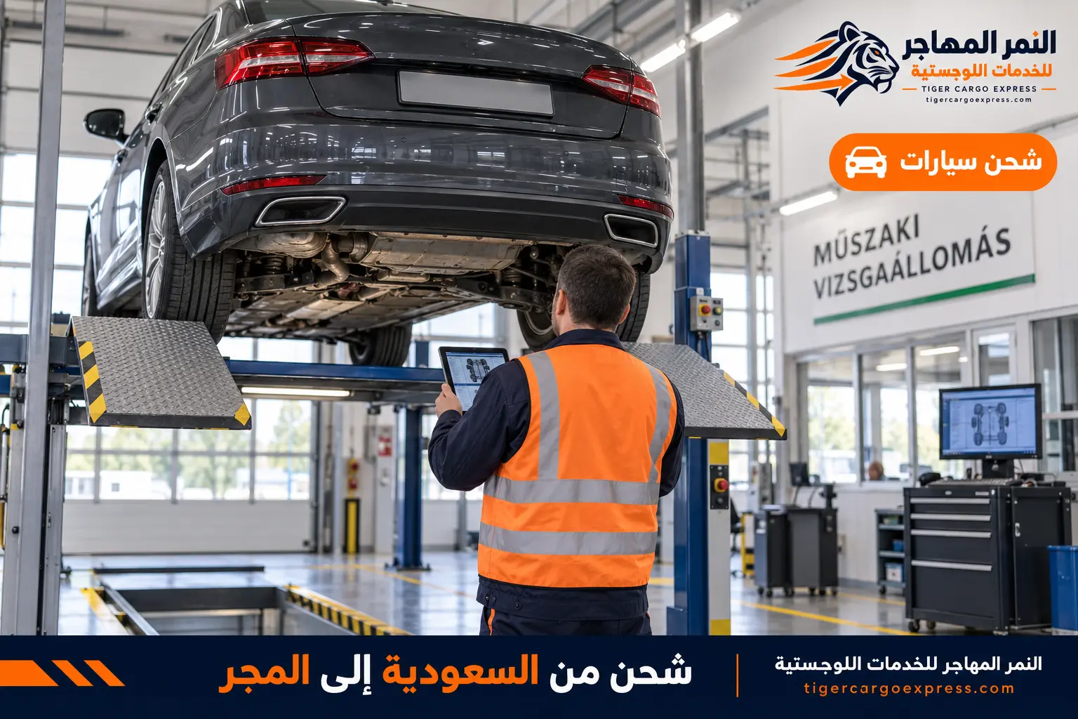 شحن السيارات من السعودية إلى المجر ومركبة على منصة فحص فني في بودابست
