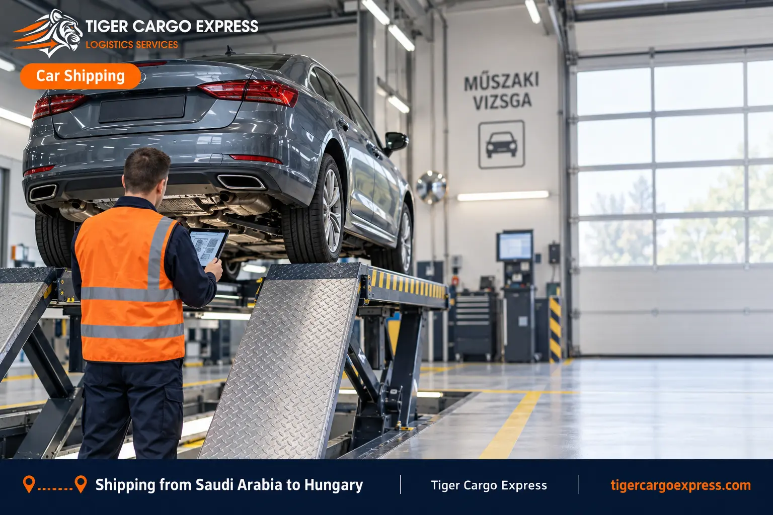 Car shipping from Saudi Arabia to Hungary with a vehicle on an inspection ramp in Budapest