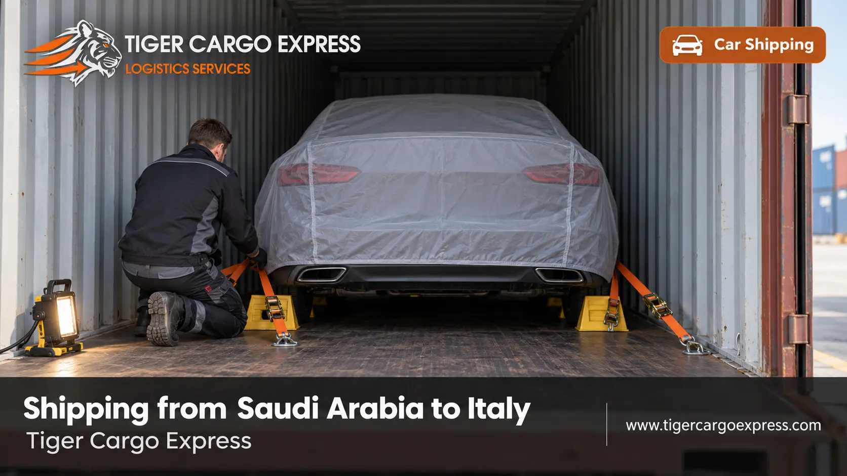 Car shipping from Saudi Arabia to Italy inside a closed container with full lashing