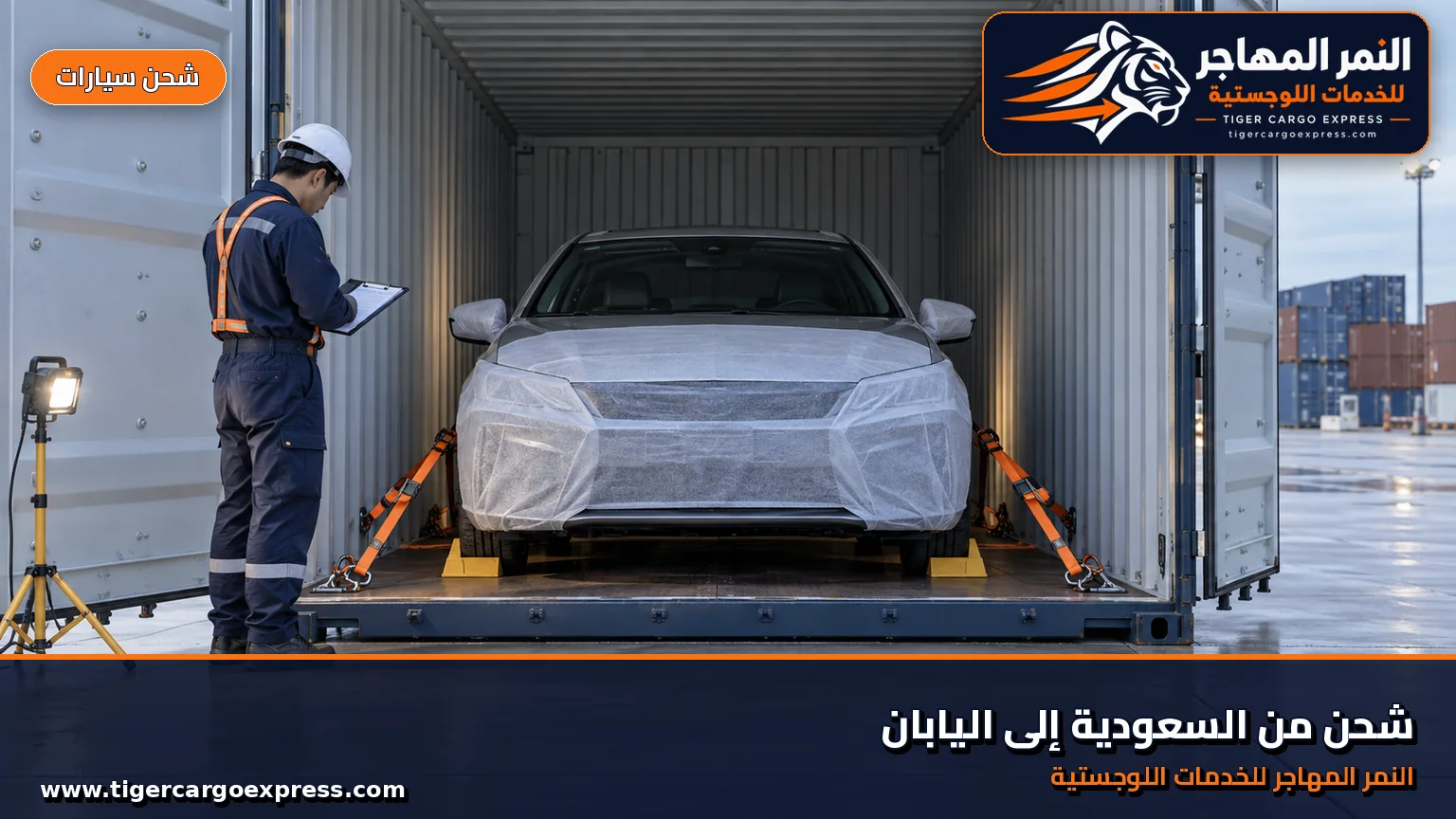 شحن السيارات من السعودية إلى اليابان وتثبيت مركبة داخل حاوية نظيفة
