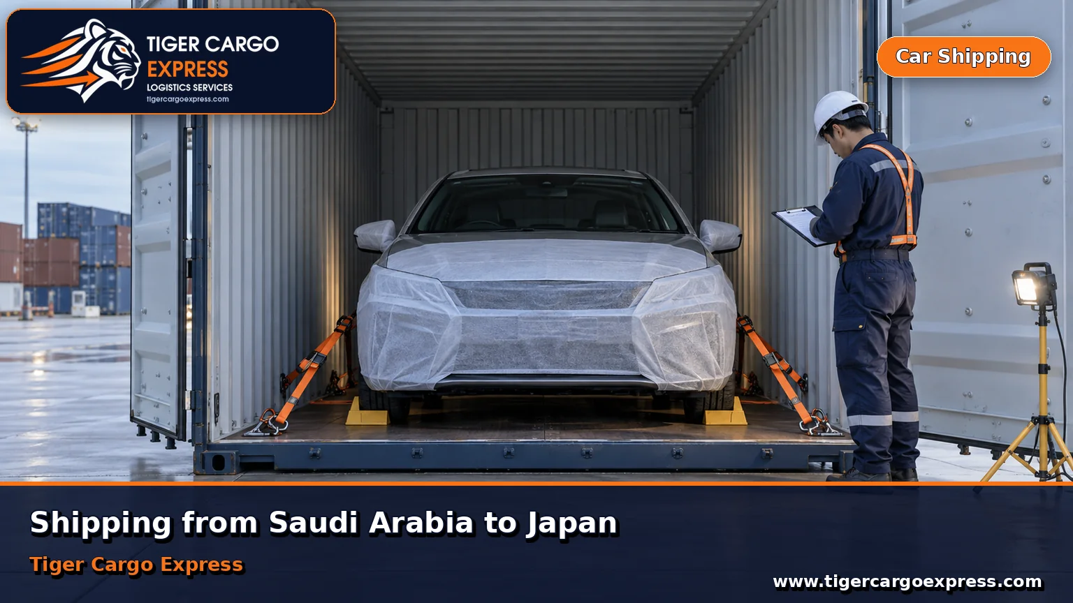 Car shipping from Saudi Arabia to Japan with a vehicle secured inside a spotless container