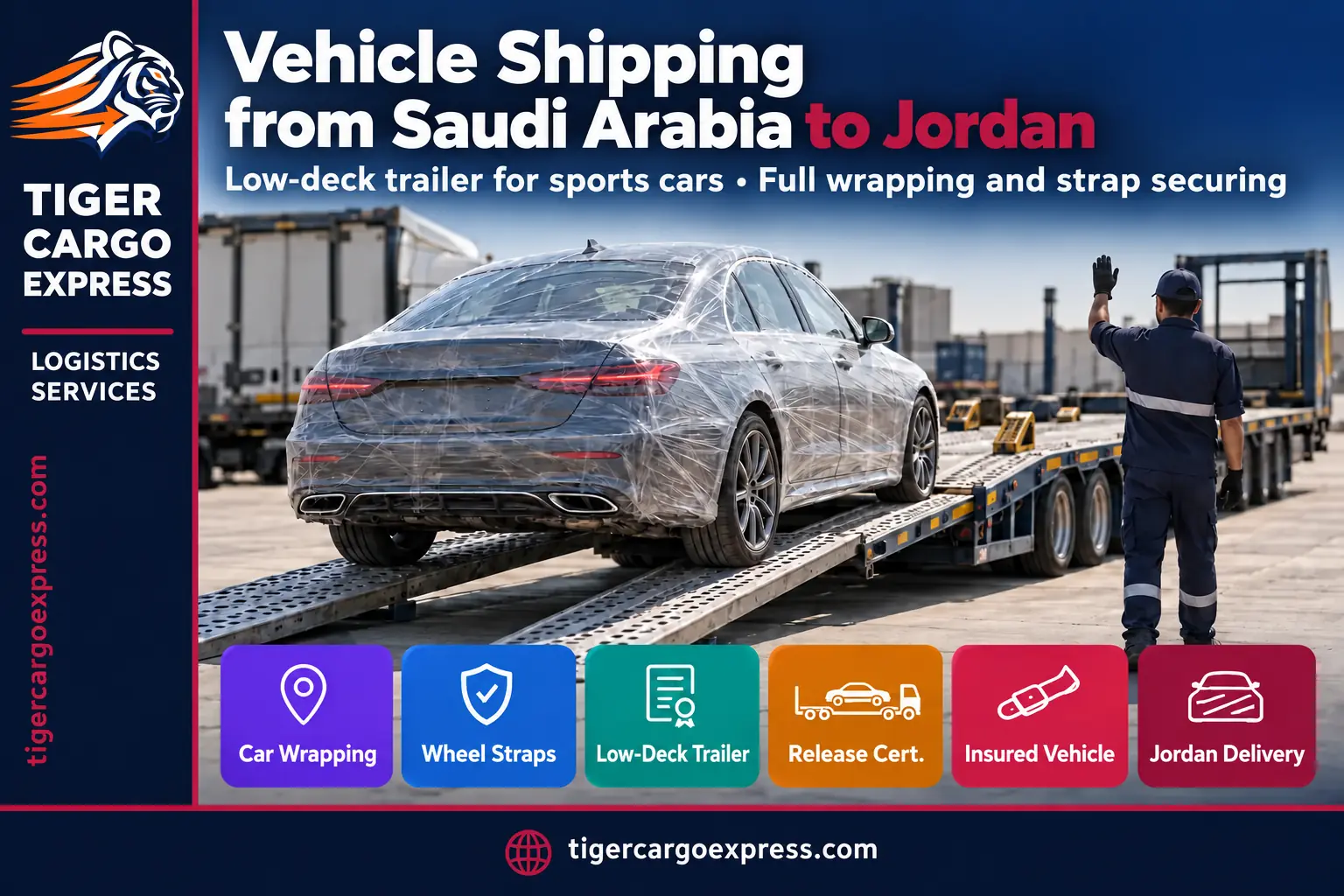 Car shipping from Saudi Arabia to Jordan on a low-deck trailer
