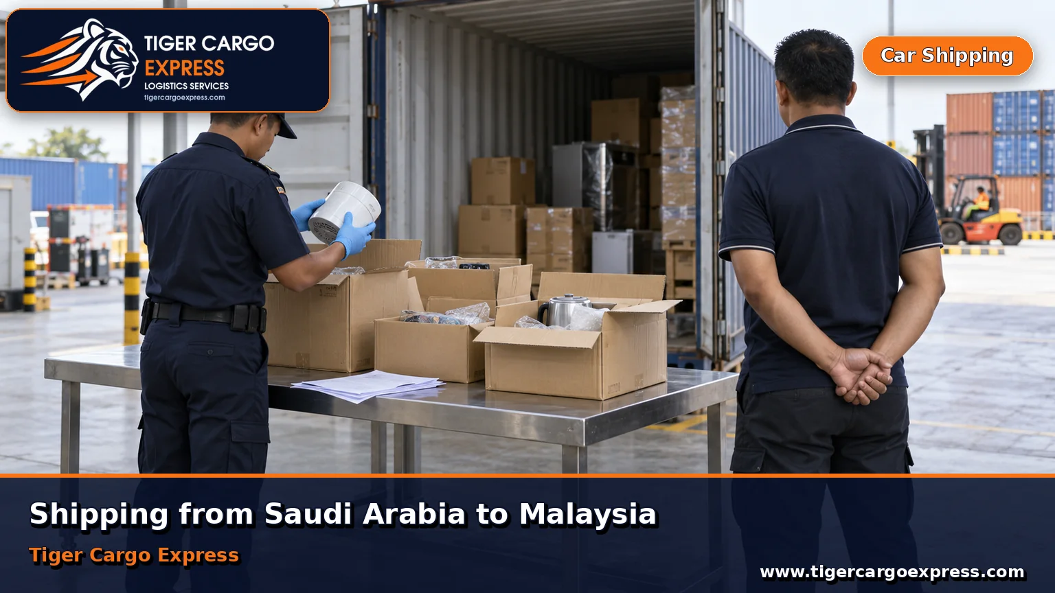 Customs inspection in Malaysia with cartons opened for examination alongside purchase invoices