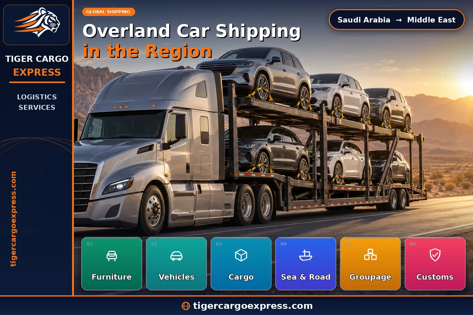 Transporting cars overland from Saudi Arabia to Middle East countries on a flatbed truck