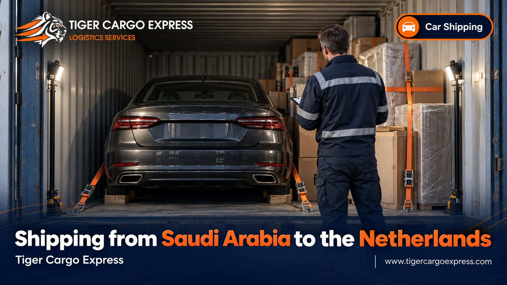 Car shipping from Saudi Arabia to the Netherlands inside a closed container with full lashing