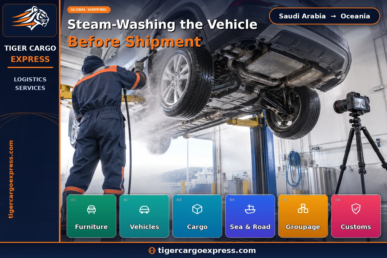 Steam-washing a vehicle undercarriage before shipping it to Australia and New Zealand