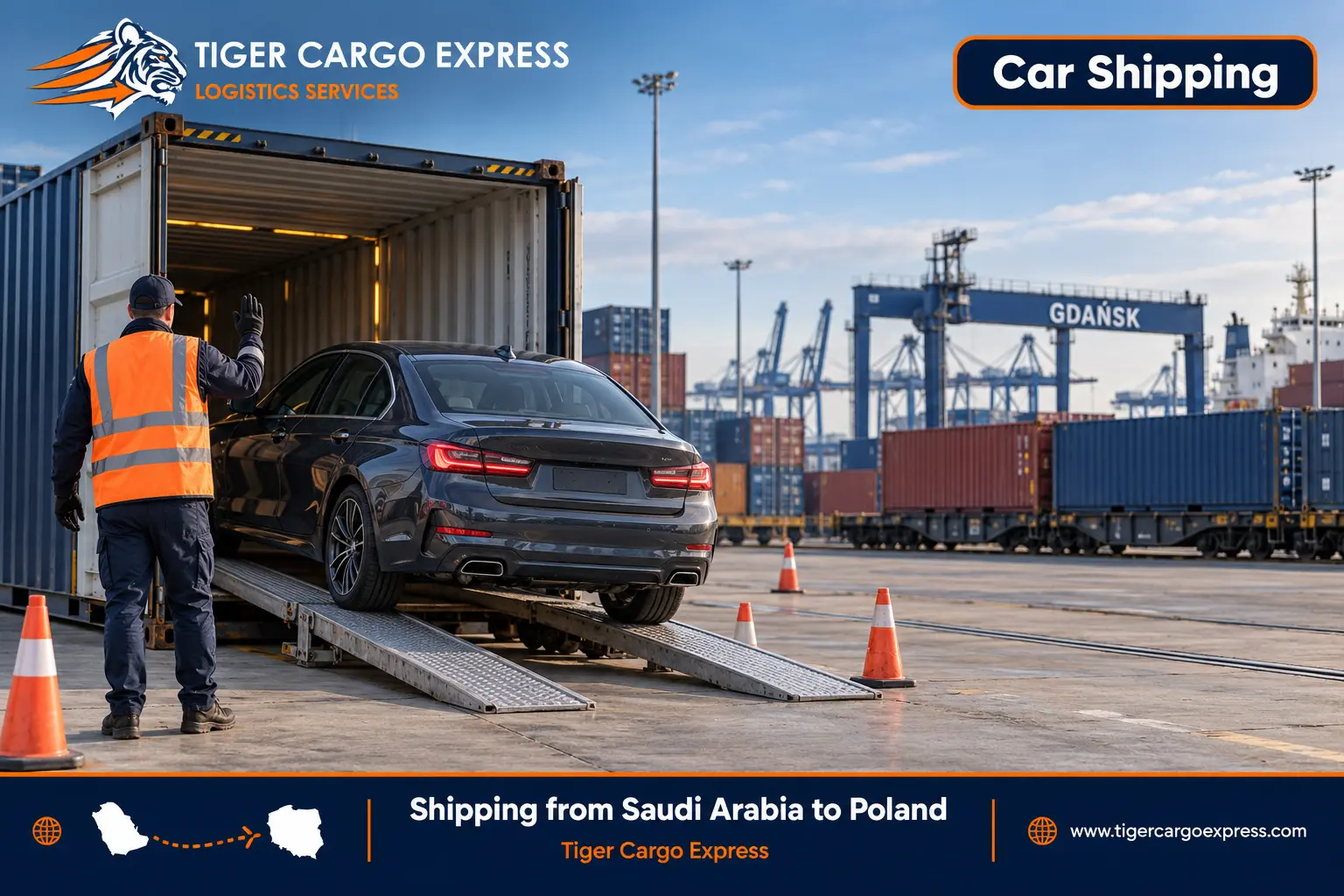Car shipping from Saudi Arabia to Poland inside a closed container to the port of Gdansk