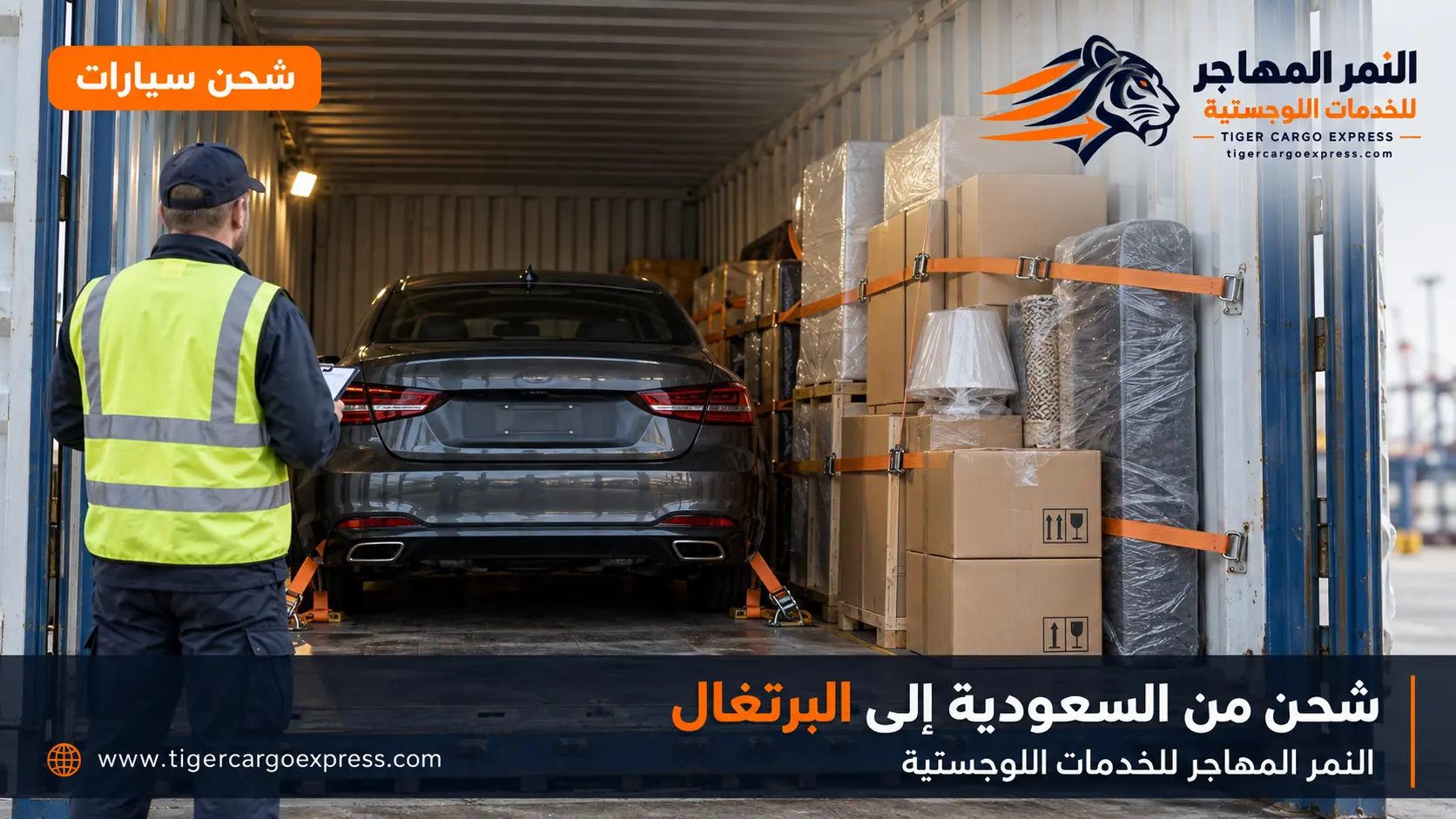 شحن السيارات من السعودية إلى البرتغال داخل حاوية مغلقة مع تثبيت كامل