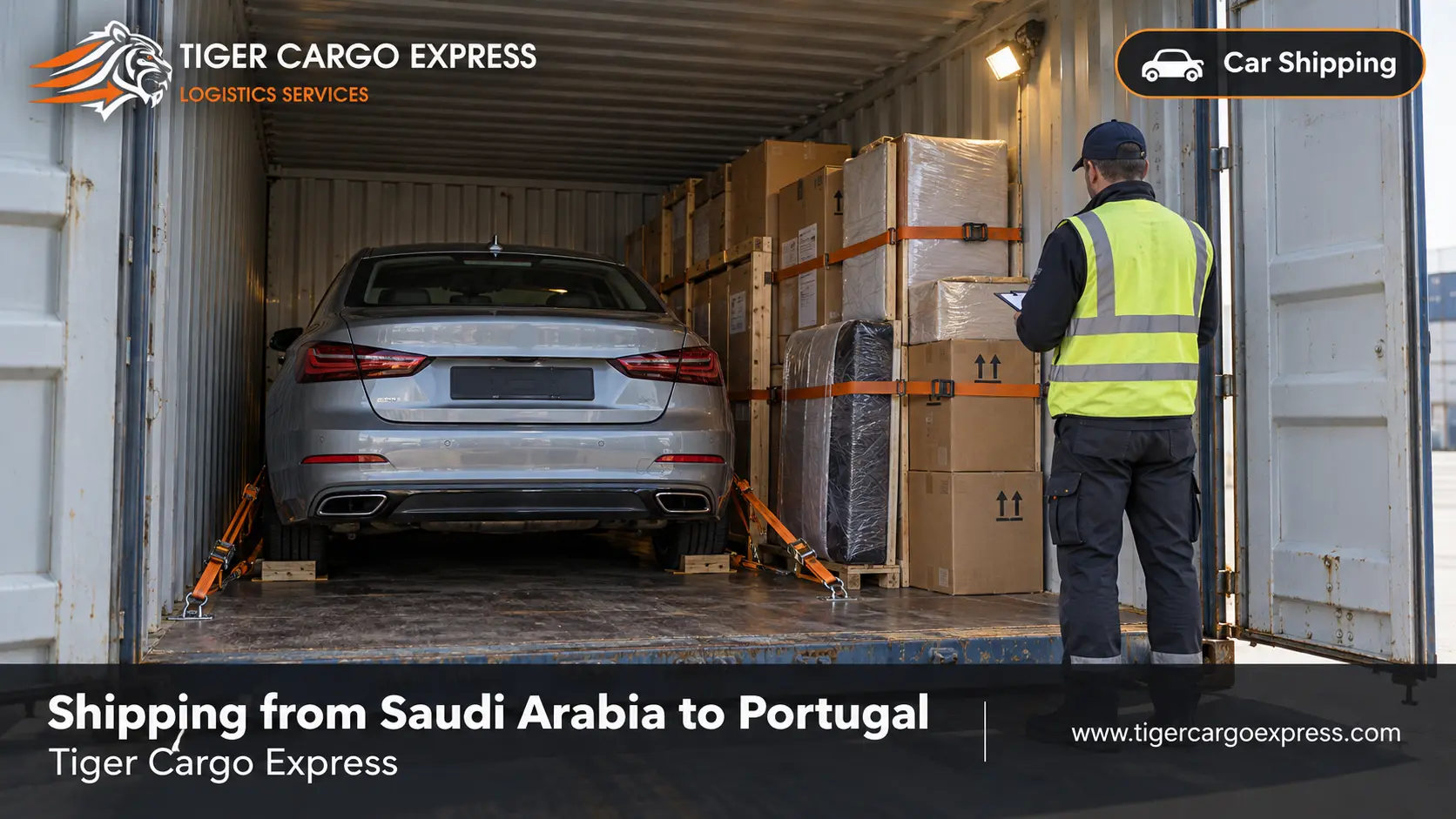 Car shipping from Saudi Arabia to Portugal inside a closed container with full lashing