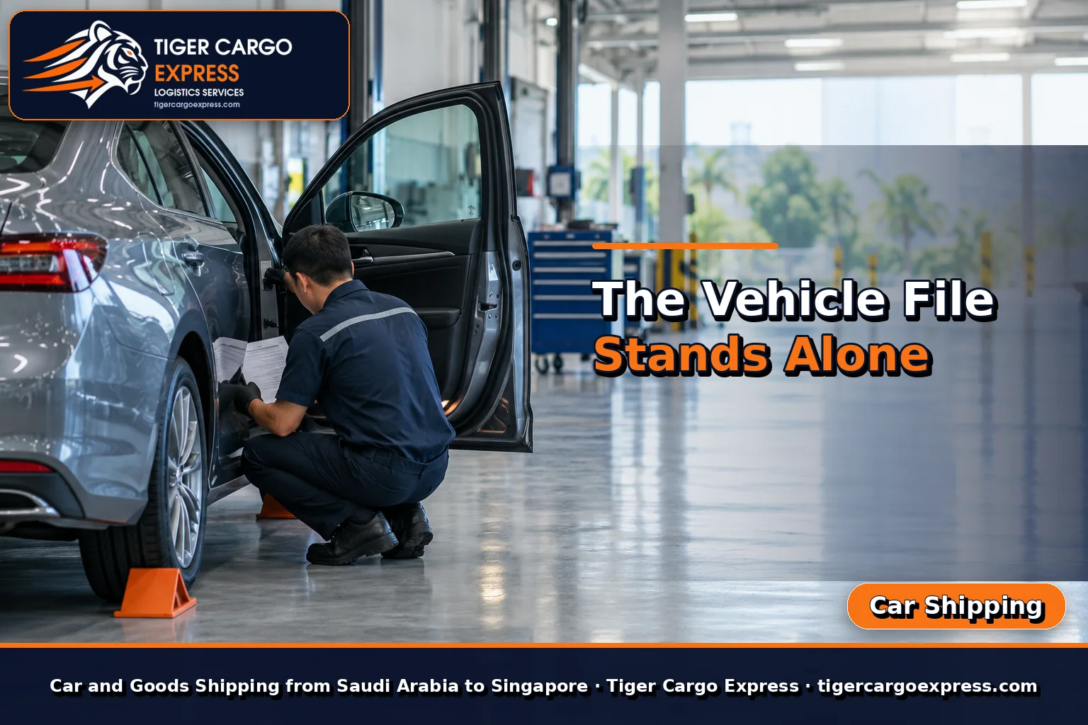 Checking a vehicle's specification in a warehouse before shipping to Singapore