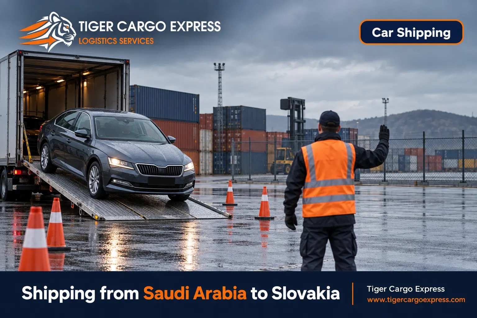 Car shipping from Saudi Arabia to Slovakia with a vehicle unloaded at an inland terminal