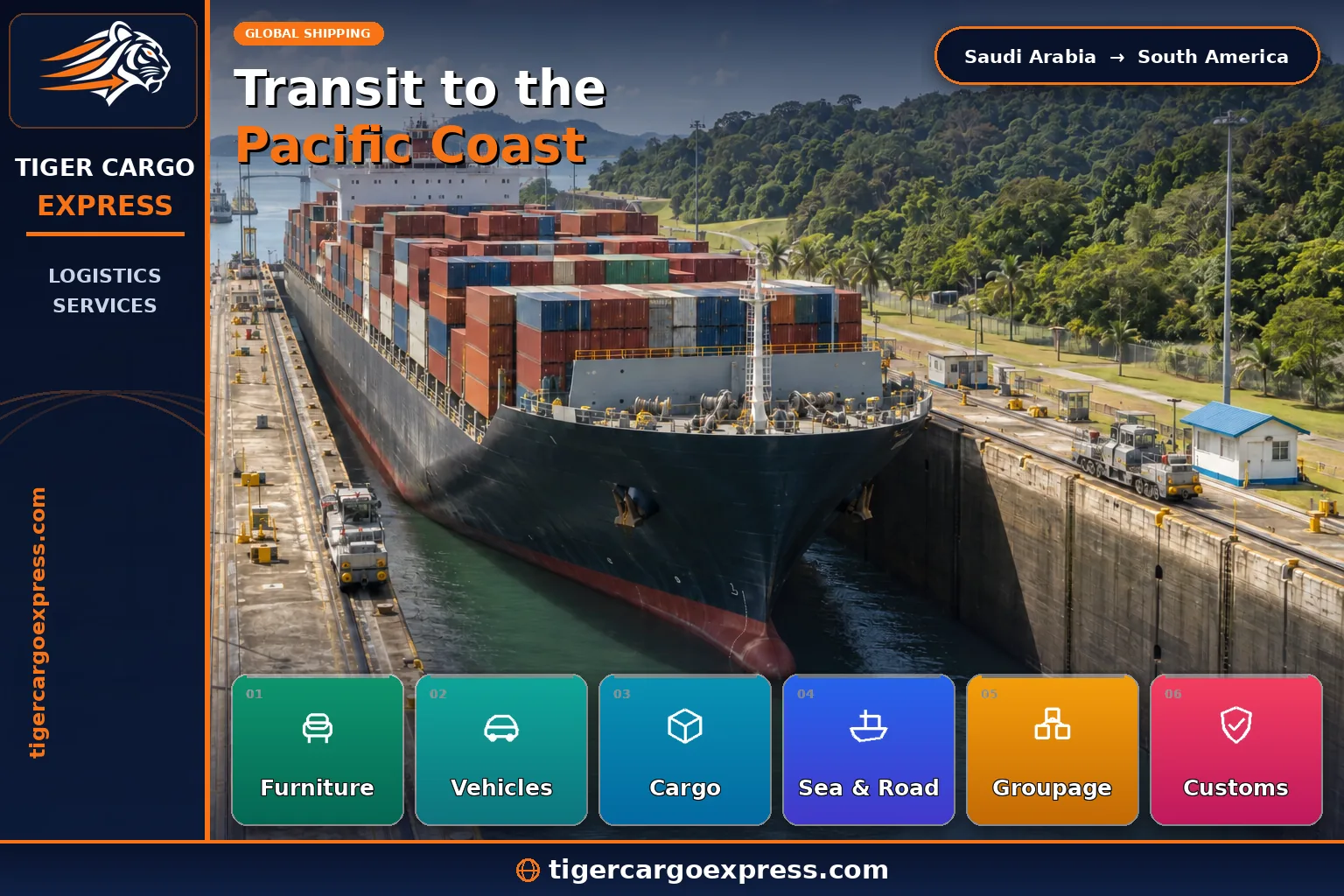 A container ship transiting the Panama Canal on its way to South America's Pacific coast