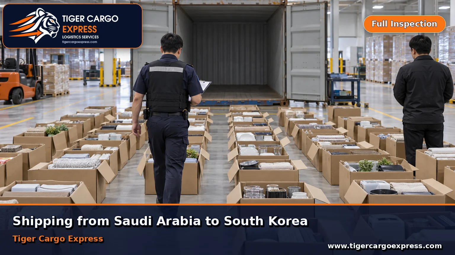 Open customs inspection in Korea with numbered rows of opened cartons inside a warehouse