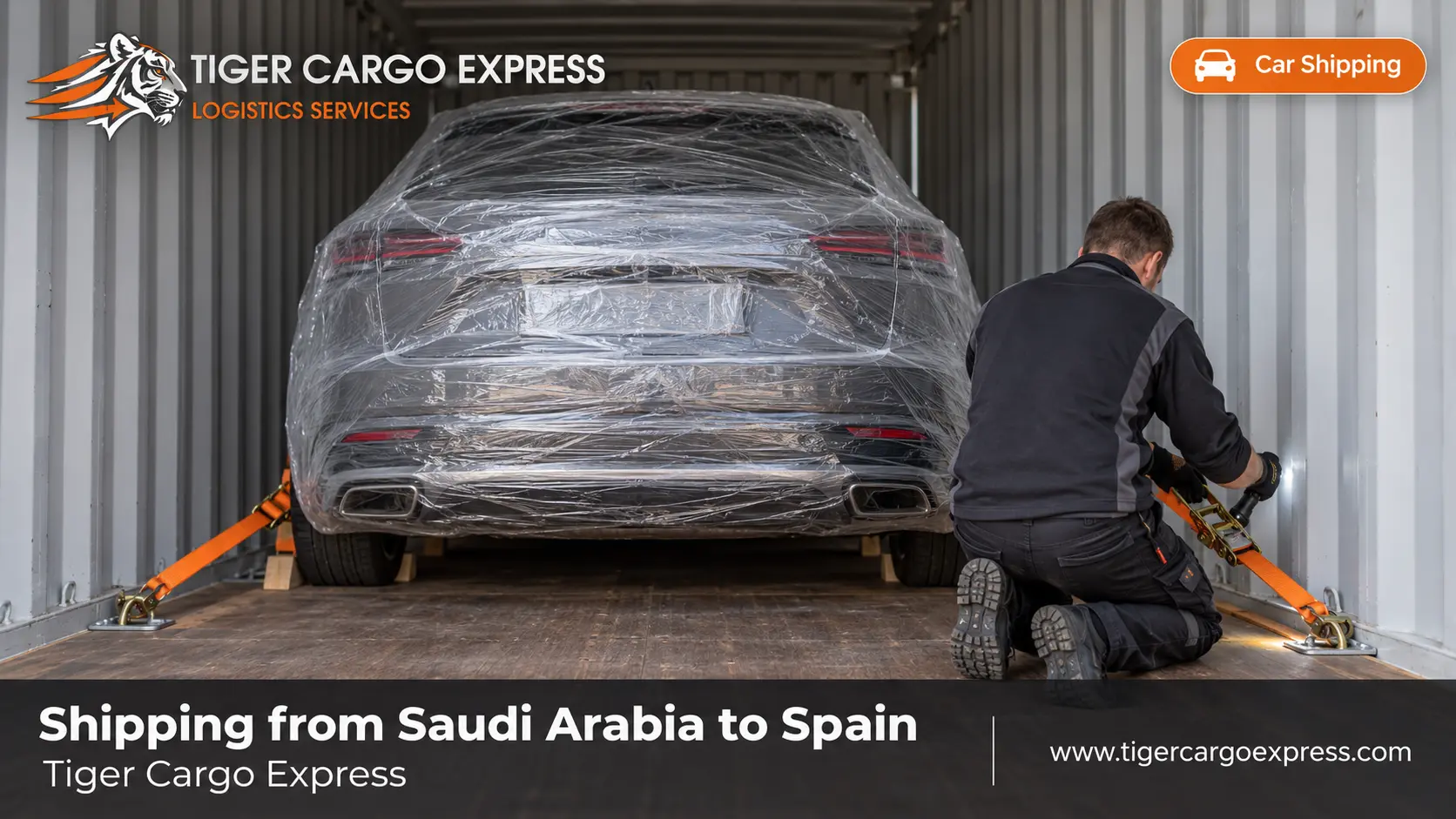 Car shipping from Saudi Arabia to Spain inside a closed container with full lashing