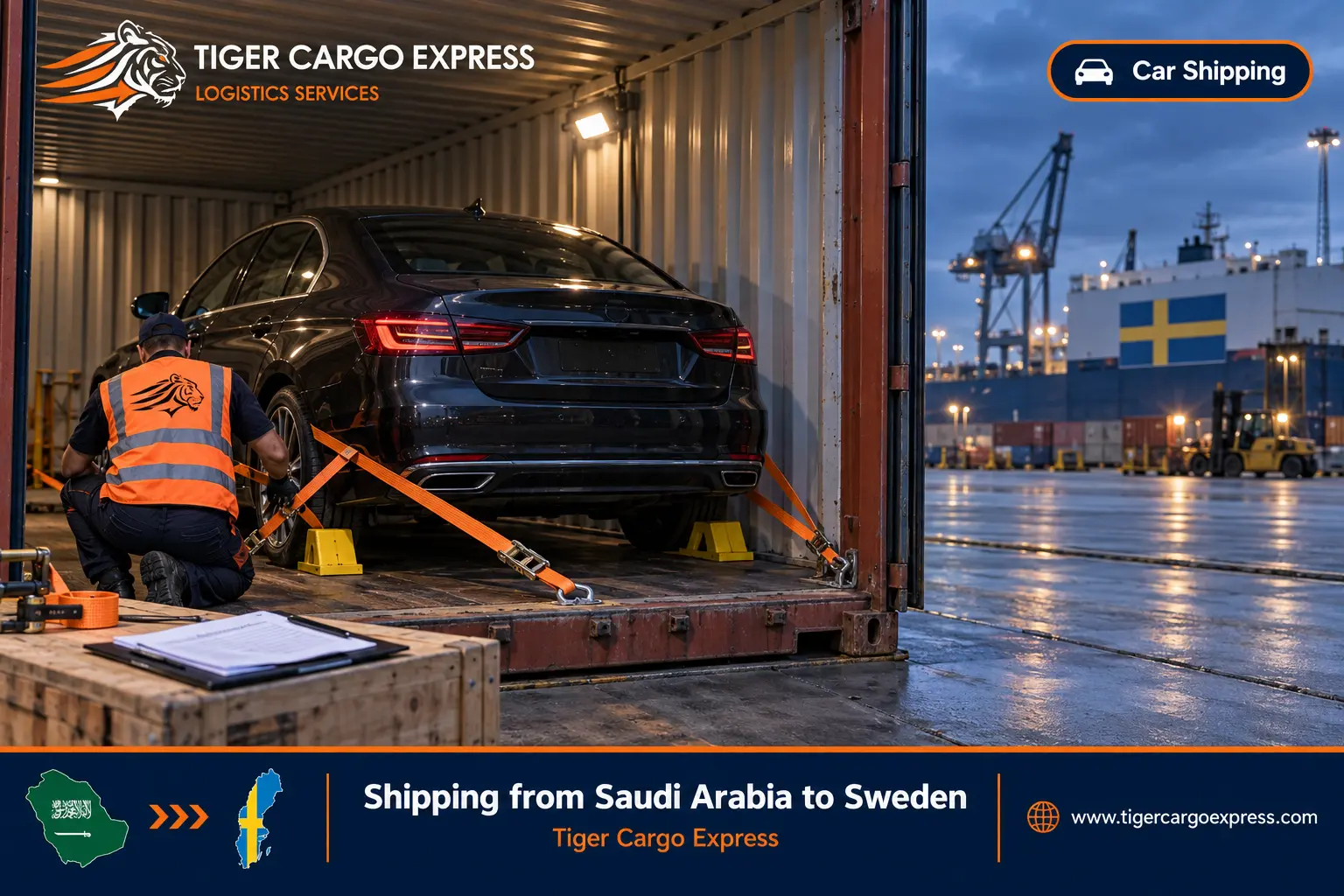Car shipping from Saudi Arabia to Sweden inside a closed container to the port of Gothenburg