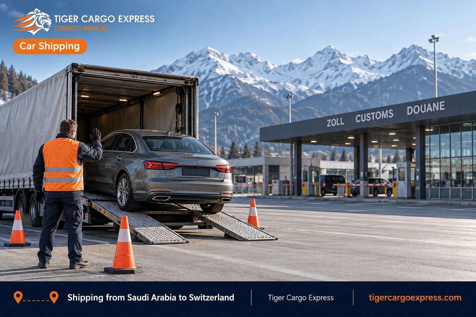 Car shipping from Saudi Arabia to Switzerland with a vehicle unloaded in a border customs yard