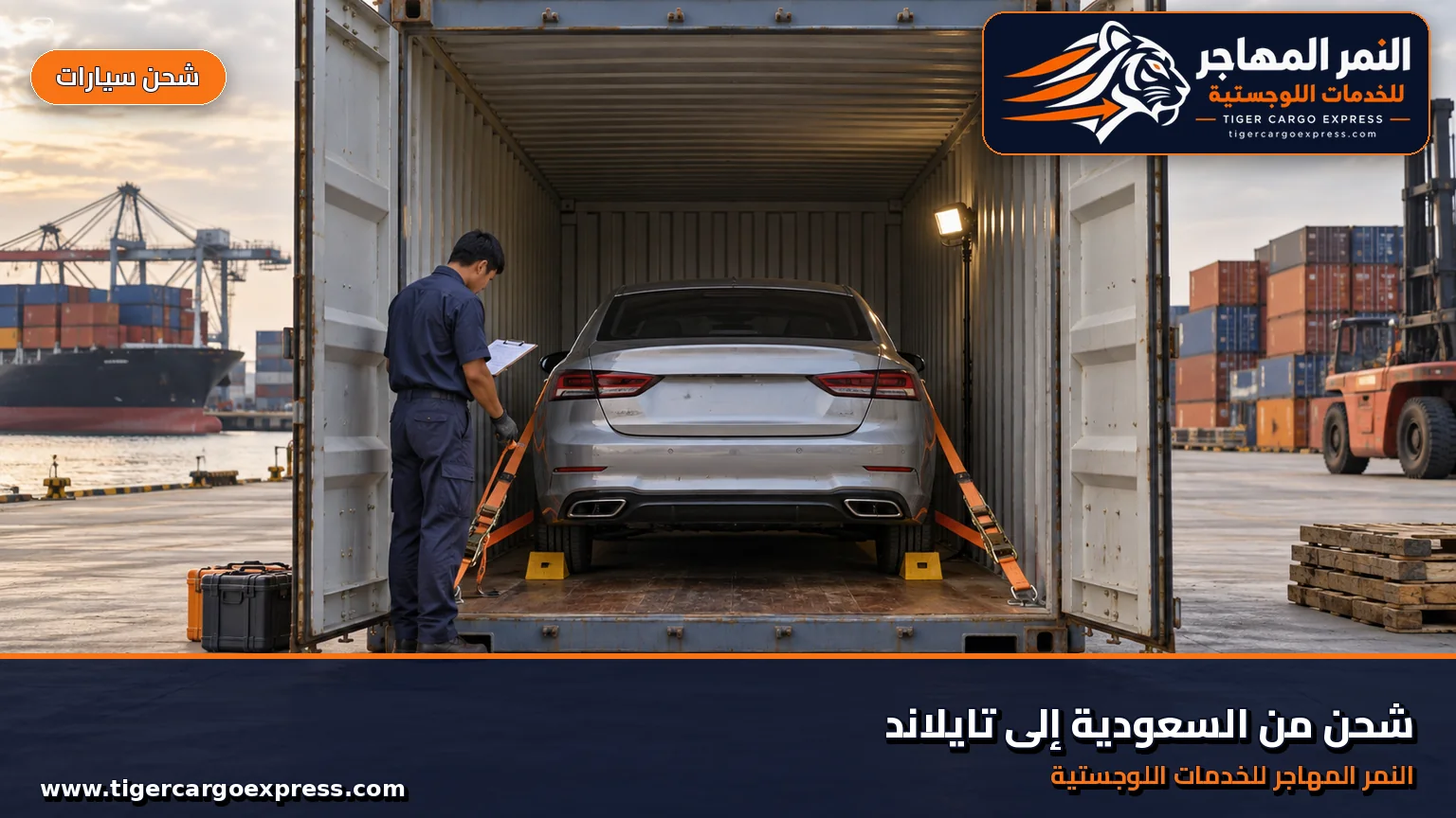 شحن السيارات من السعودية إلى تايلاند وتثبيت مركبة داخل حاوية في ساحة جمركية