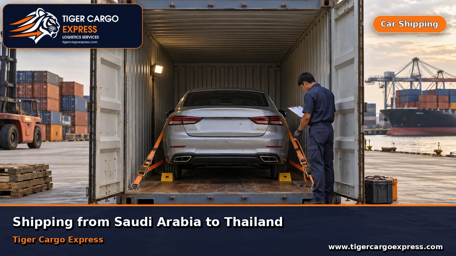 Car shipping from Saudi Arabia to Thailand with a vehicle secured inside a container at a customs yard