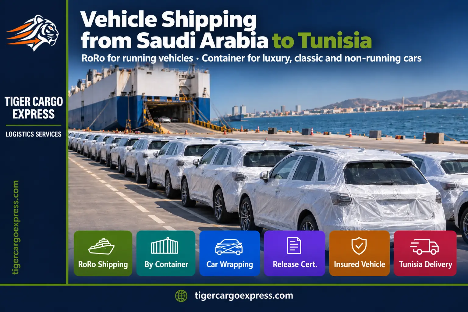 Car shipping from Saudi Arabia to Tunisia — wrapped vehicles waiting to load