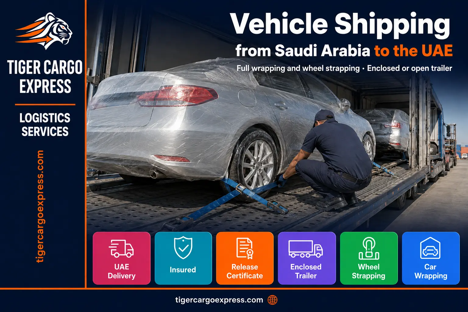 Car shipping from Saudi Arabia to the UAE — a wrapped vehicle secured on a trailer