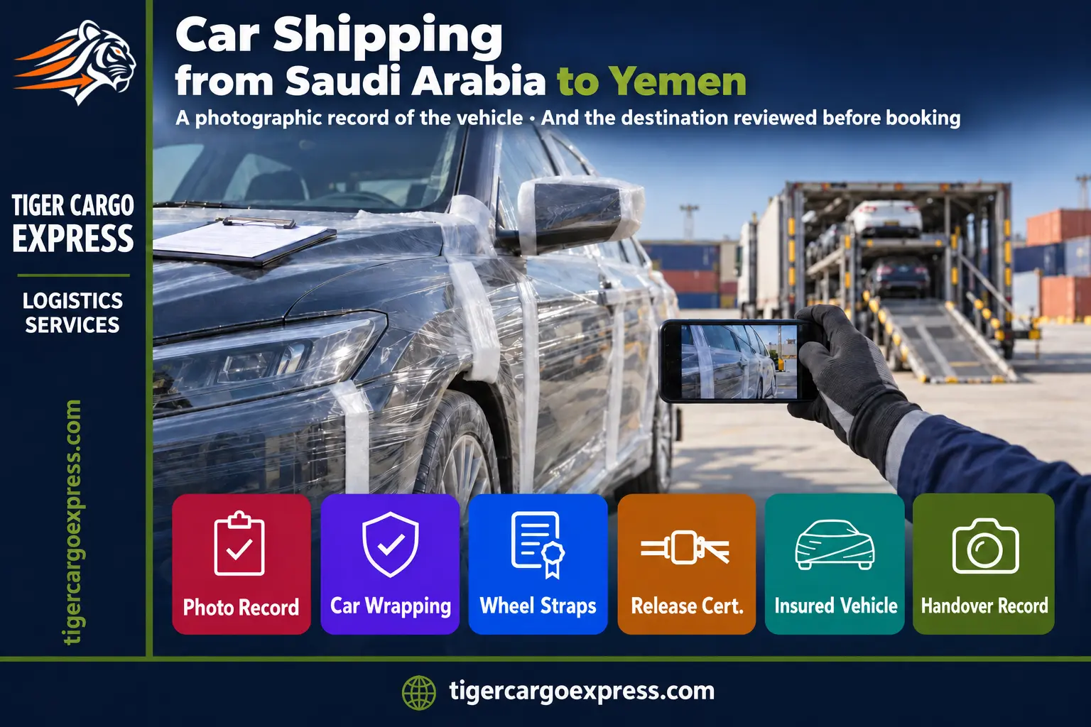Car shipping from Saudi Arabia to Yemen — documenting the vehicle's condition before loading