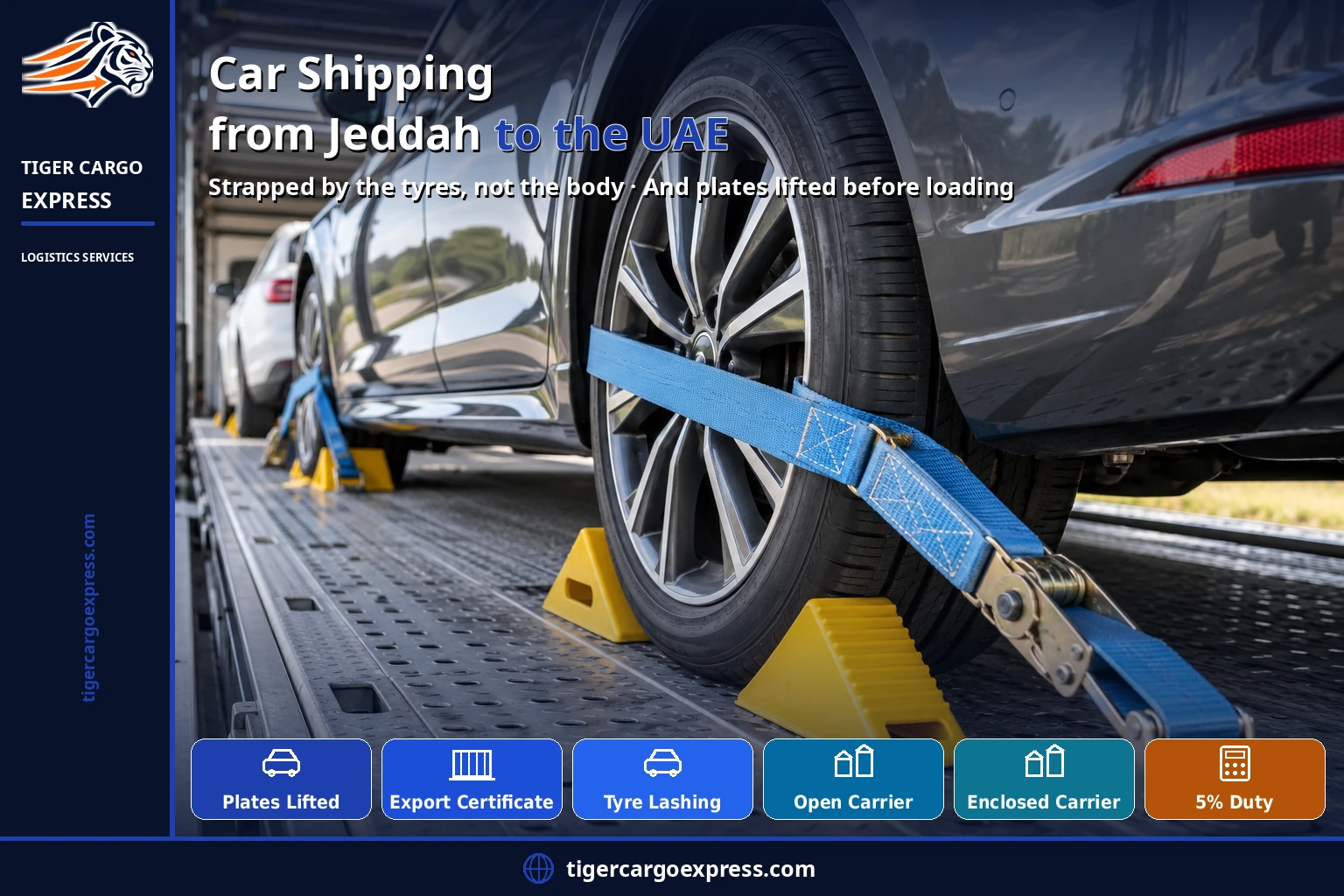 Car shipping from Jeddah to the UAE — strapped by the tyres, not the body
