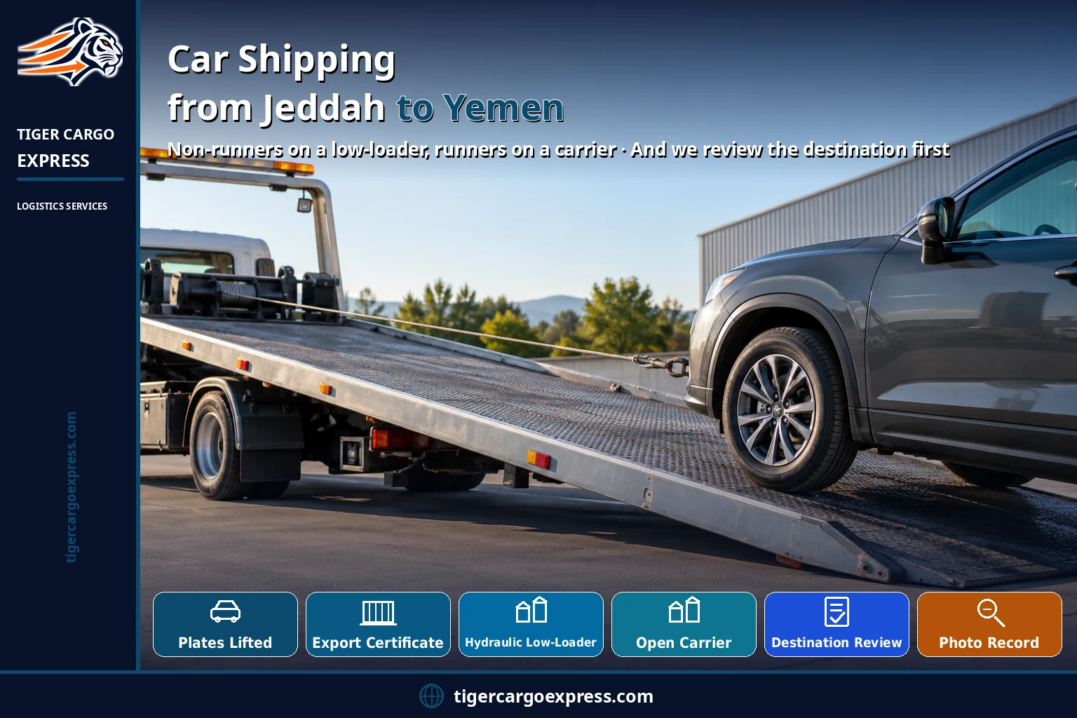 Car shipping from Jeddah to Yemen — non-runners on a low-loader, runners on a carrier