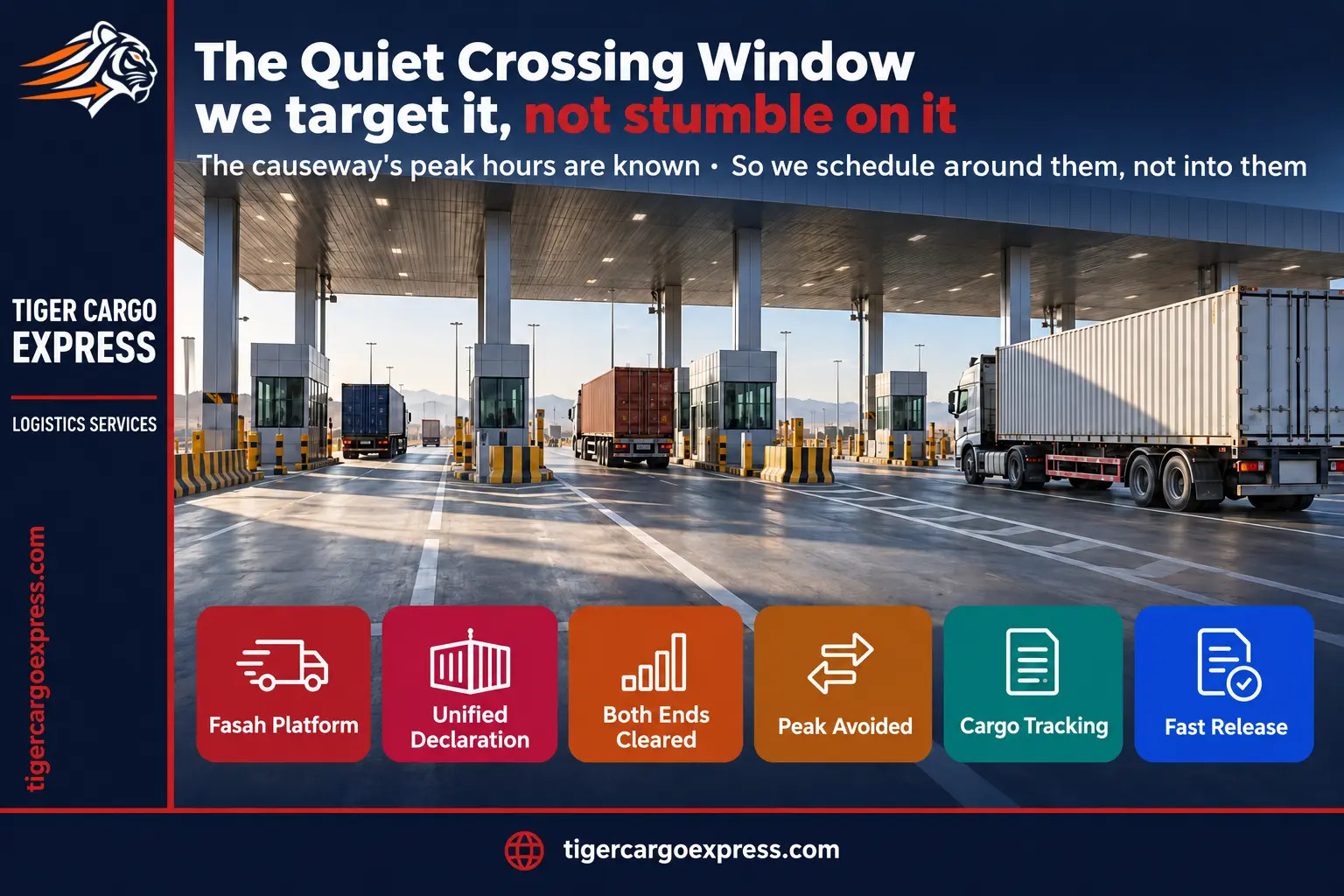 The quiet crossing window on the King Fahd Causeway — we target it rather than stumble on it
