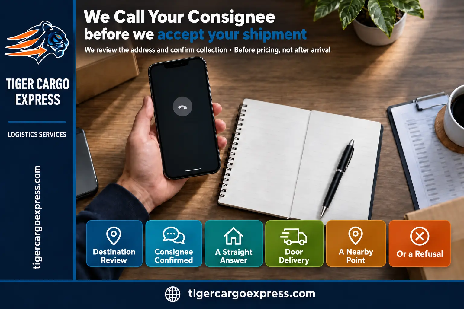 Reviewing the delivery destination and calling the consignee before accepting the shipment