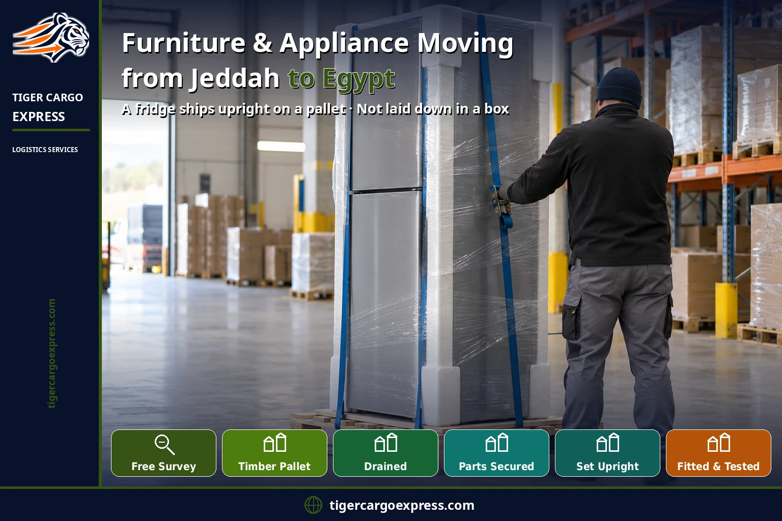 Furniture and appliance moving from Jeddah to Egypt — a fridge ships upright on a pallet
